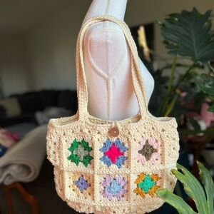 Handmade Crochet Tote Bag - Multicolor Squares